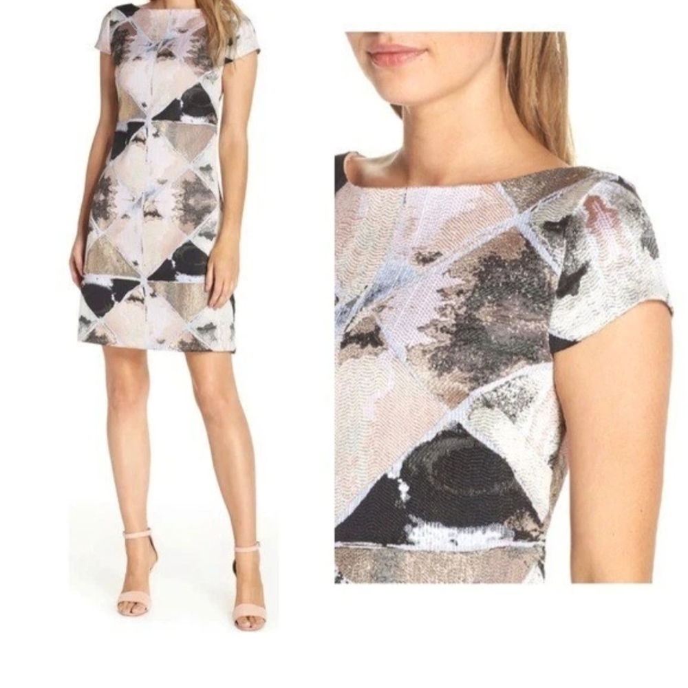 Vince Camuto Black and White Sheath Mini Dress with Bateau Neckline